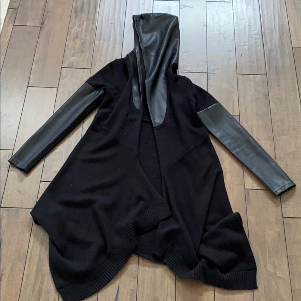 Blanknyc Faux Leather Hooded Trim Cardigan